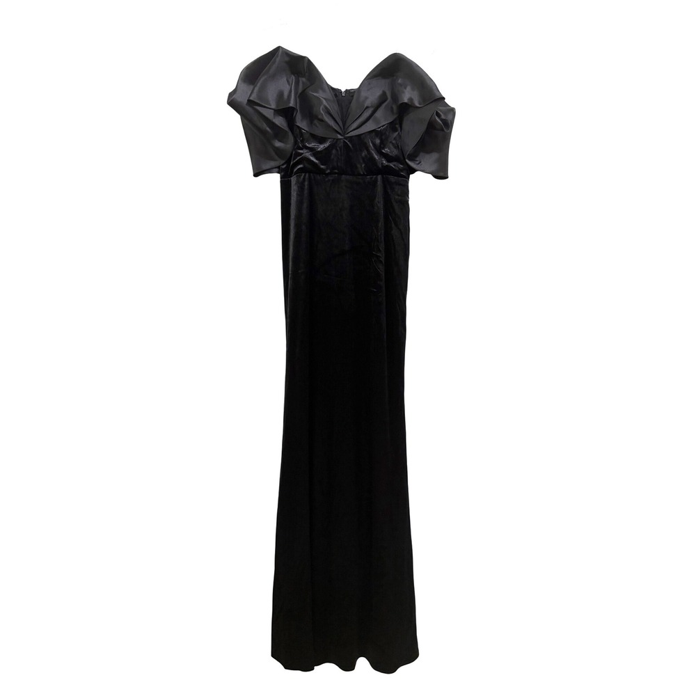 Lulus Black Velvet Satin Ruffle Off-The-Shoulder Maxi Gown Dress Size L NEW